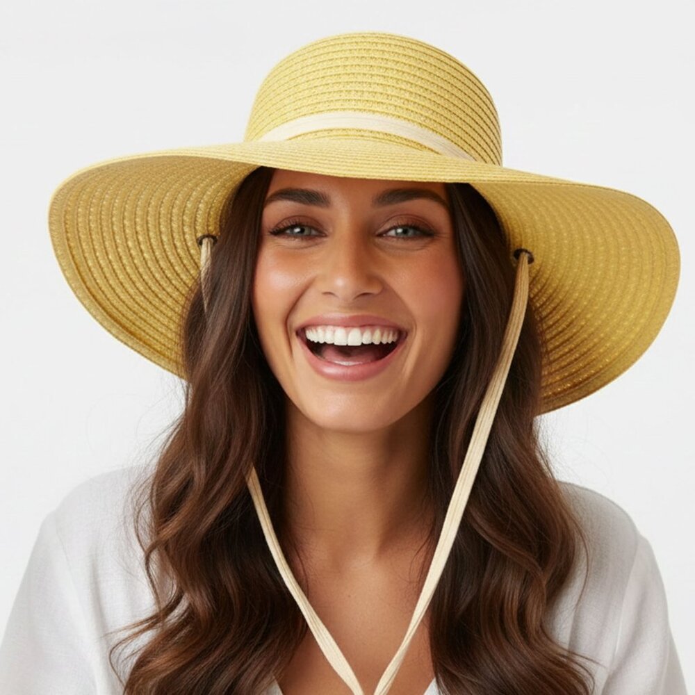 Vintage Wide Brim Yellow Faux Straw Sun Hat Summer Travel Beach Pool Vacation UV